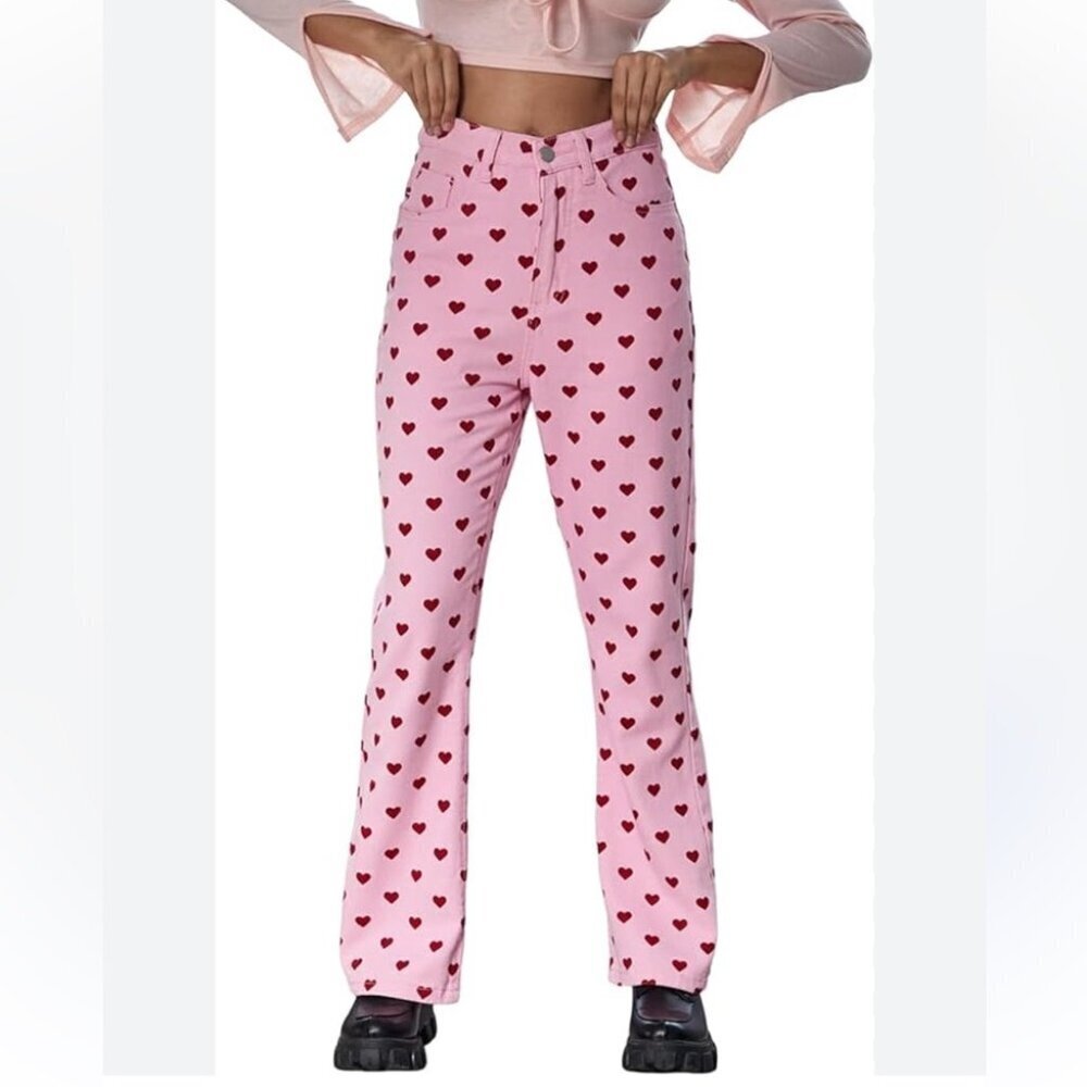 Shein Pink All Over Heart Patterned Relaxed High Waist Mom Jeans Size L